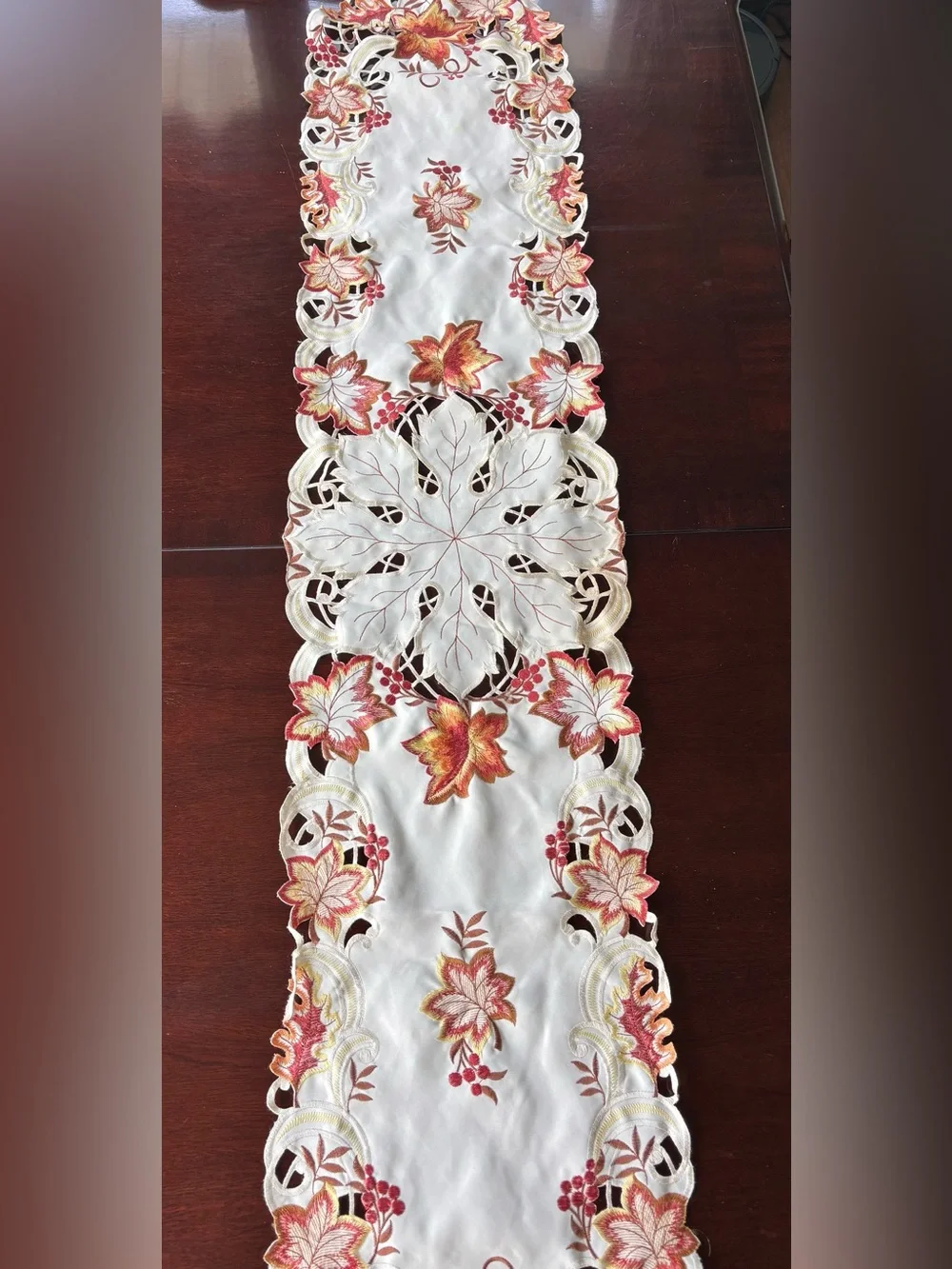 Embroidered White Table Runner with Autumn Floral Accents